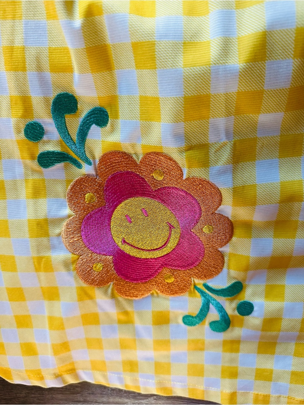 Unique Vintage Yellow Gingham Mini Dress with Floral Appliqué - Picture 4 of 6